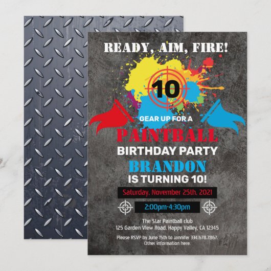 Paintball Birthday Party Invitation Kind Teen Adul Kaart (Voorkant / Achterkant)