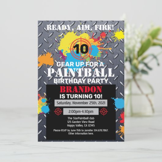 Paintball Birthday Party Invitation Kind Teen Adul Kaart (Staand voorkant)