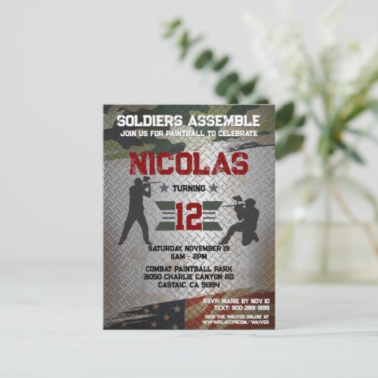 Paintball Birthday Party: Militaire Camo USA Invit Briefkaart (Staand voorkant)