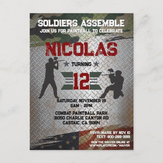 Paintball Birthday Party: Militaire Camo USA Invit Briefkaart (Voorkant)