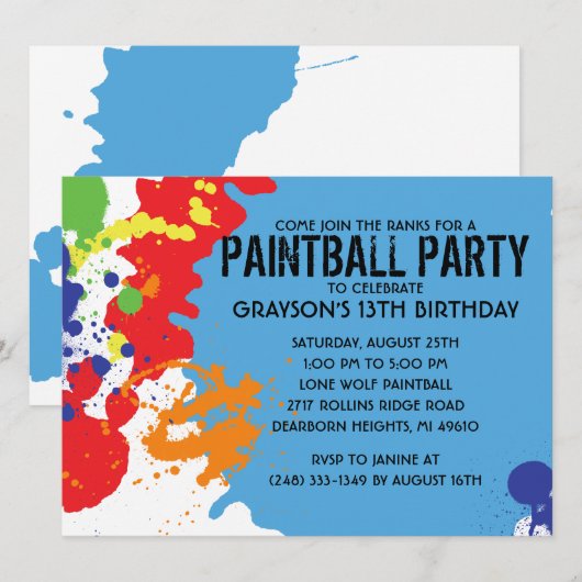 Paintball Paintball Birthday Party Kaart (Voorkant / Achterkant)
