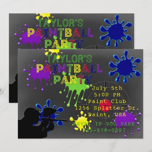 Paintball Party Krijtbord Grijs Splat Uitnodiging (Voorkant / Achterkant)