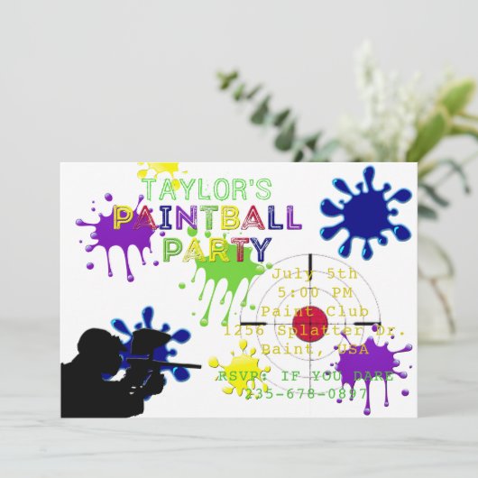 Paintball Party White Splat Uitnodiging (Staand voorkant)
