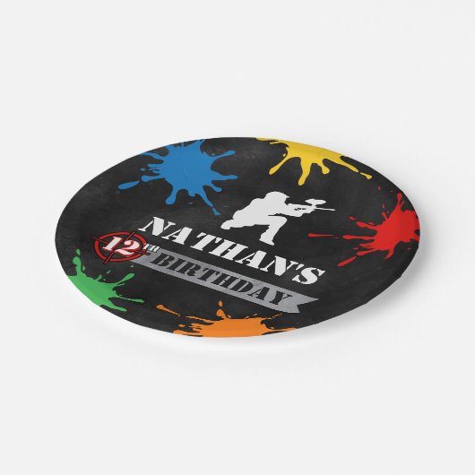 Paintball Splatter Kids Verjaardagsfeest Papier Bo Papieren Bordje (Gekanteld)