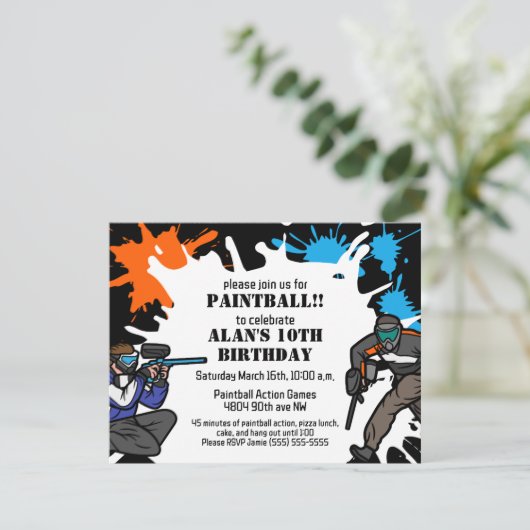 Paintball Thema Verjaardagsfeestje Kind Uitnodigin Kaart (Staand voorkant)