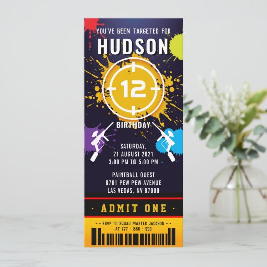 Paintball Ticket Pass Birthday Party Invitation Kaart (Staand voorkant)