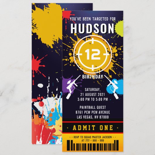 Paintball Ticket Pass Birthday Party Invitation Kaart (Voorkant / Achterkant)