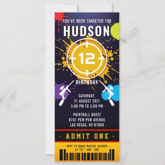 Paintball Ticket Pass Birthday Party Invitation Kaart (Voorkant)