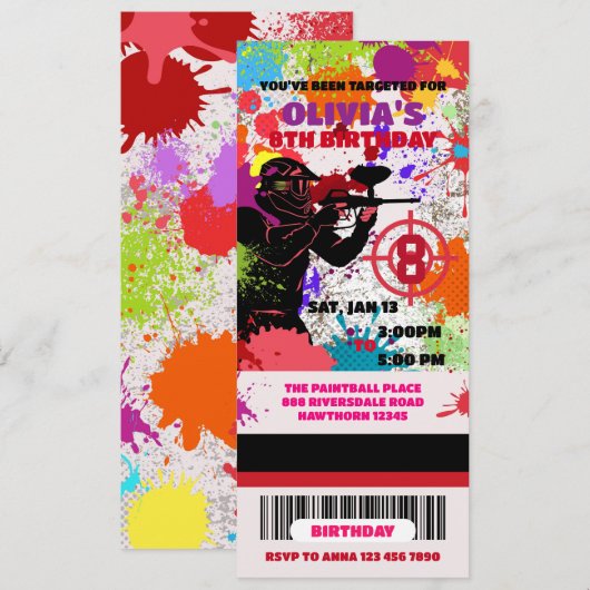 Paintball Verjaardag Ticket uitnodiging, Paintball Kaart (Voorkant / Achterkant)