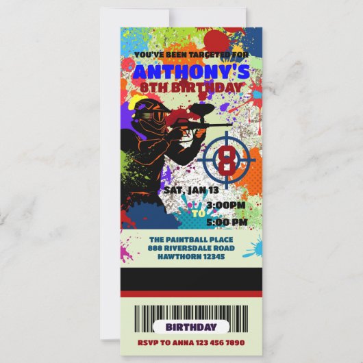 Paintball Verjaardag Ticket uitnodiging, Paintball Kaart (Voorkant)