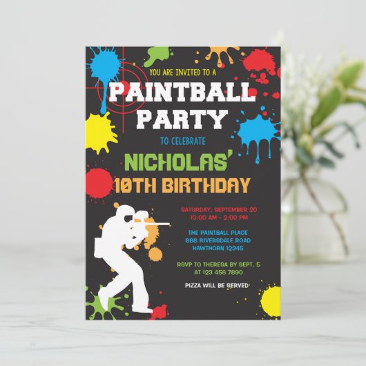 Paintball Verjaardag Uitnodiging / Paintball Verja (Staand voorkant)