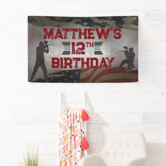Paintball Verjaardagsfeest Militaire Camo USA Spandoek (Insitu)