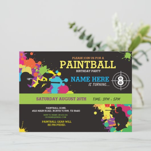 Paintball verjaardagsfeestje uitnodiging Fun Paint (Staand voorkant)