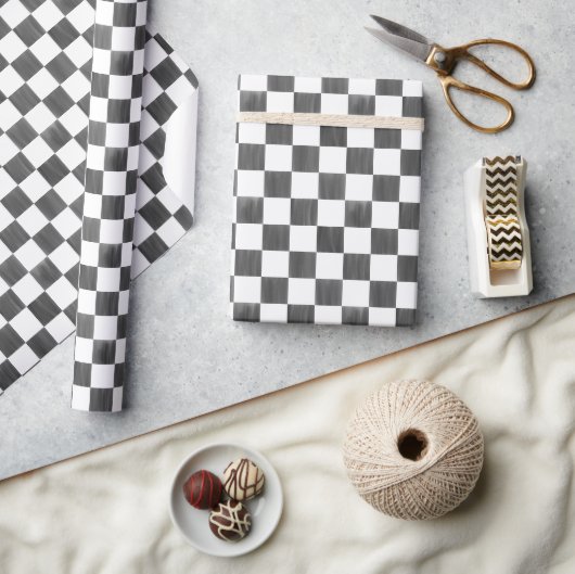 Painted Black and White Check Checkerboard Pattern Cadeaupapier (Crafts)