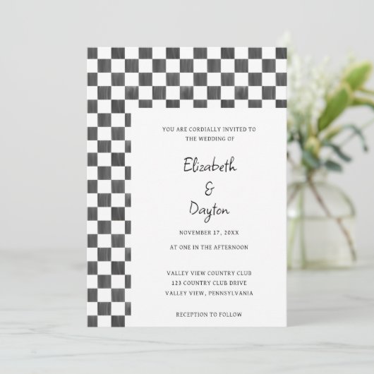 Painted Black and White Check Pattern Wedding Kaart (Staand voorkant)
