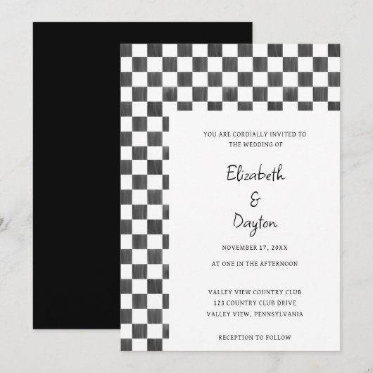 Painted Black and White Check Pattern Wedding Kaart (Voorkant / Achterkant)