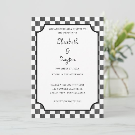 Painted Black Checkerboard Pattern Wedding Kaart (Staand voorkant)