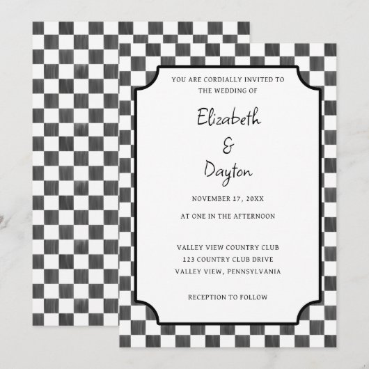 Painted Black Checkerboard Pattern Wedding Kaart (Voorkant / Achterkant)