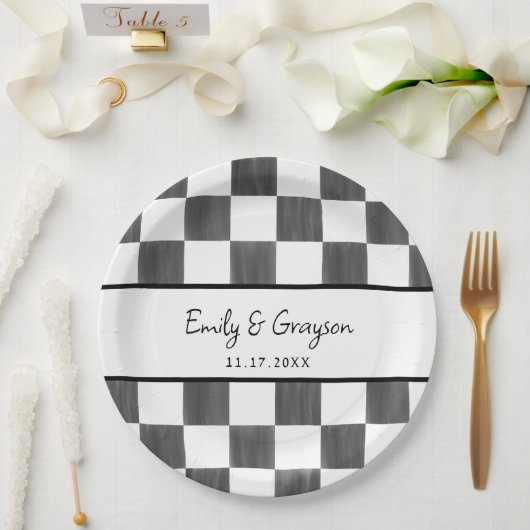 Painted Black Checkerboard Pattern Wedding Papieren Bordje (Huwelijk)