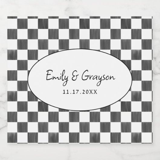 Painted Black Checkerboard Pattern Wedding Sparkling Wijnetiket (Enkel label)