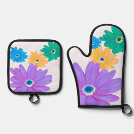 Painted Bold Blooming Flower Design Ovenwant & Pannenlap Set