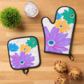 Painted Bold Blooming Flower Design Ovenwant & Pannenlap Set (Top down)