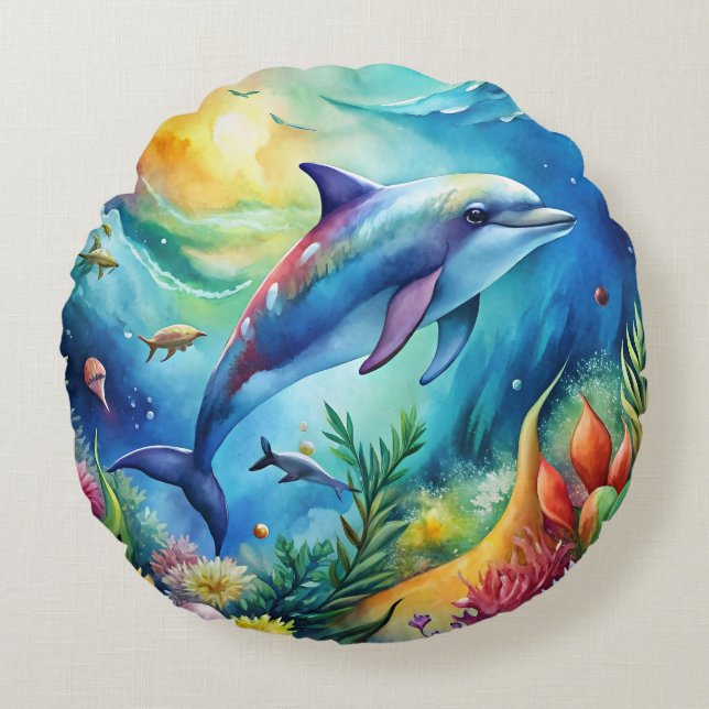 Painted Dolphin Rond Kussen (Voorkant)
