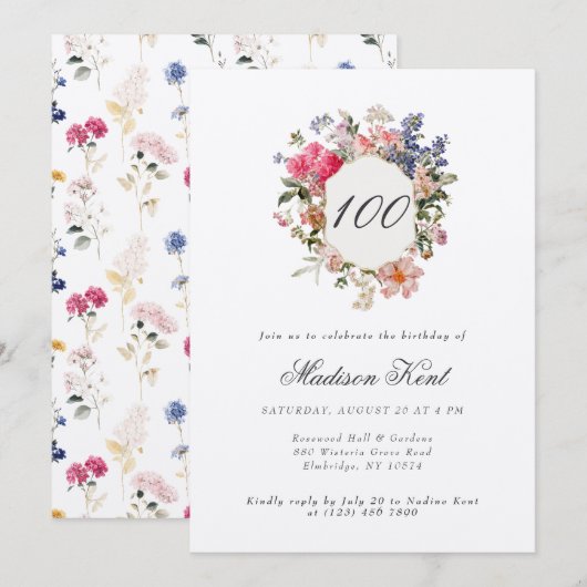 Painted Floral Crest 100ste verjaardagsfeestje Kaart (Voorkant / Achterkant)