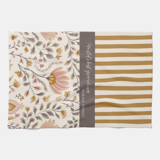 Painted Floral Folk Art and Stripe Theedoek (Horizontaal)