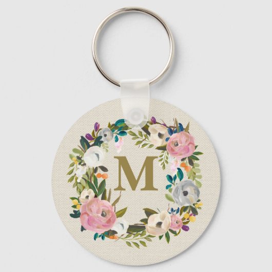 Painted Floral Personalized Monogram Canvas Bag Sleutelhanger (Voorkant)
