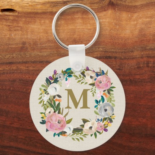 Painted Floral Personalized Monogram Canvas Bag Sleutelhanger (Voorkant)