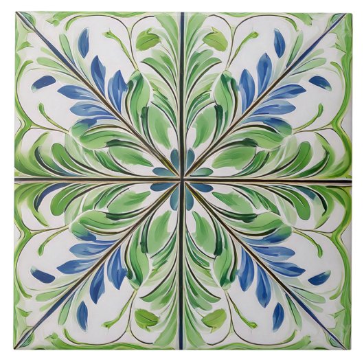 Painted Floral Tegel Pat#14 Blauw Groen ID1078 Tegeltje (Voorkant)