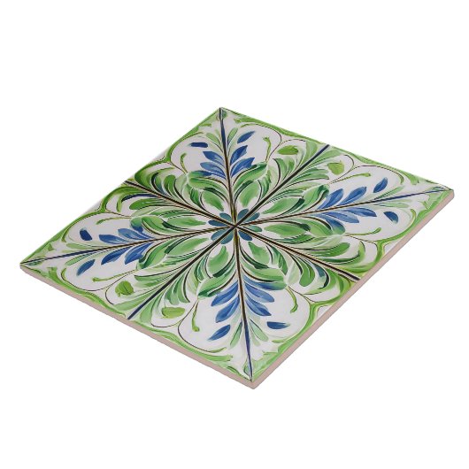 Painted Floral Tegel Pat#14 Blauw Groen ID1078 Tegeltje (Zijkant)