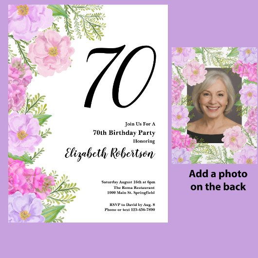 Painted Flower Custom Photo Template 70e verjaarda Kaart
