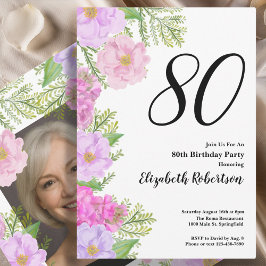 Painted Flower Custom Photo Template 80th Birthday Kaart