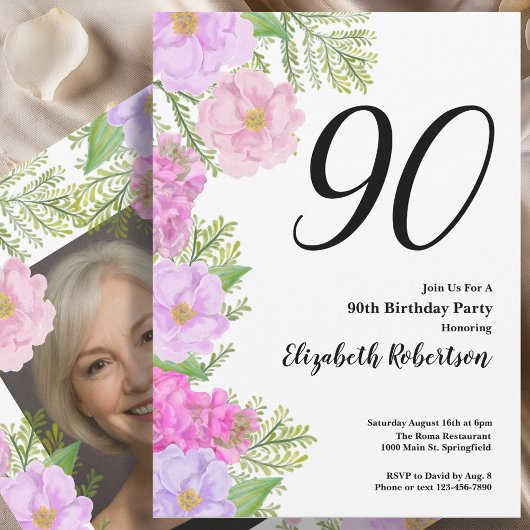 Painted Flower Custom Photo Template 90th Birthday Kaart