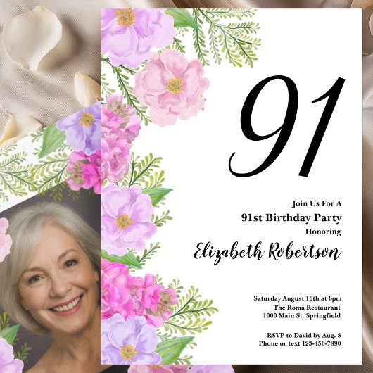 Painted Flower Custom Photo Template 91st Birthday Kaart