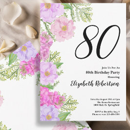 Painted Flowers and Ferns 80th Birthday Invitation Kaart