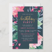 Painted Flowers & Chic Gold Script Verjaardagsfees Kaart (Voorkant)