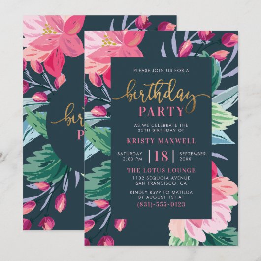 Painted Flowers & Chic Gold Script Verjaardagsfees Kaart (Voorkant / Achterkant)