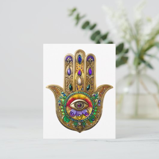 Painted Gold Hamsa Amethyst Ruby Third Eye Briefkaart (Staand voorkant)