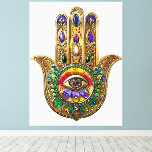 Painted Gold Hamsa Amethyst Ruby Third Eye Canvas Afdruk (Insitu (Houten vloer))