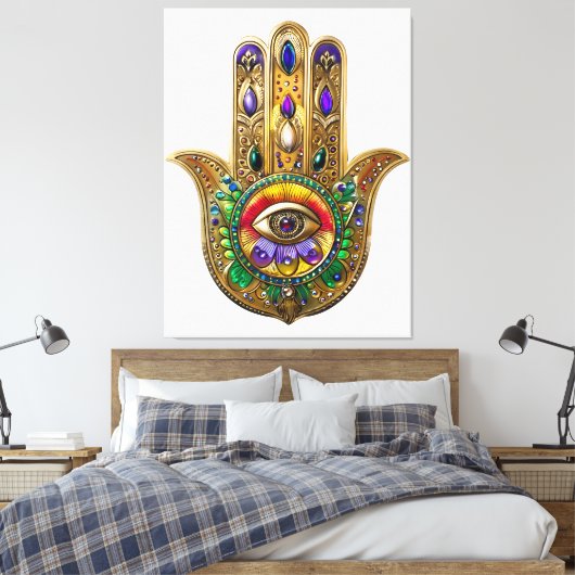 Painted Gold Hamsa Amethyst Ruby Third Eye Canvas Afdruk (Insitu (Slaapkamer))