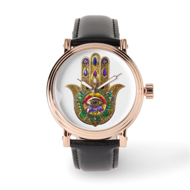 Painted Gold Hamsa Amethyst Ruby Third Eye Horloge (Voorkant)