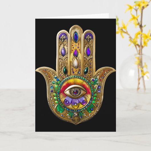 Painted Gold Hamsa Amethyst Ruby Third Eye Kaart (Gele Bloem)