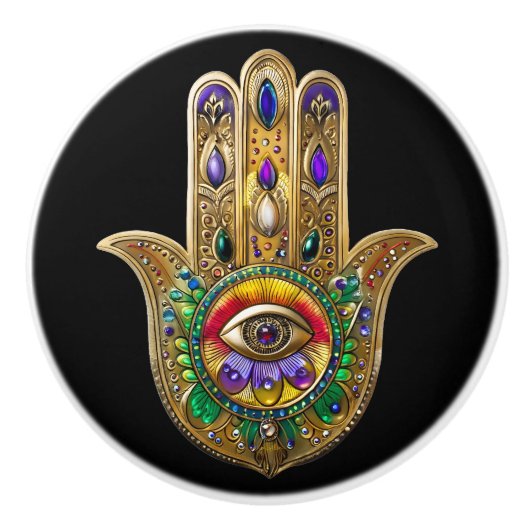 Painted Gold Hamsa Amethyst Ruby Third Eye Keramische Knop (Voorkant)