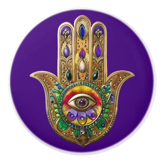 Painted Gold Hamsa Amethyst Ruby Third Eye Keramische Knop (Voorkant)