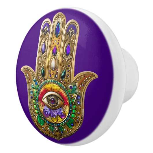 Painted Gold Hamsa Amethyst Ruby Third Eye Keramische Knop (Rechts)