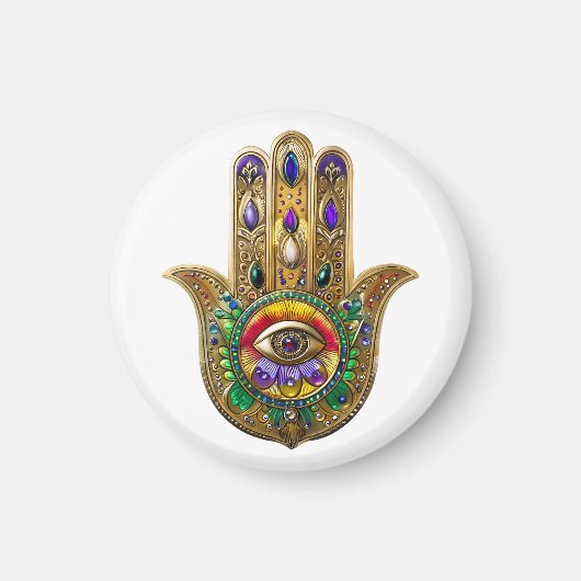 Painted Gold Hamsa Amethyst Ruby Third Eye Magneet (Voorkant)