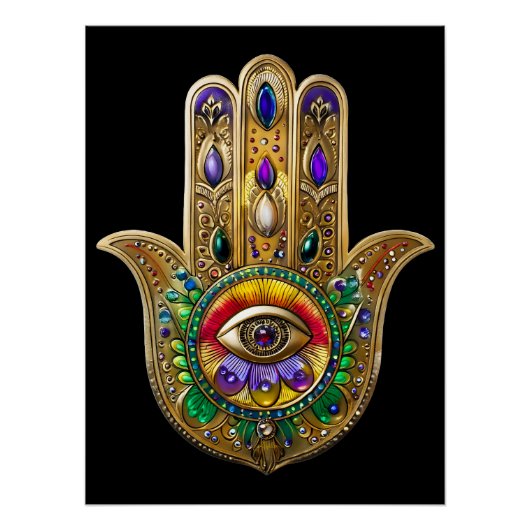Painted Gold Hamsa Amethyst Ruby Third Eye Perfect Poster (Voorkant)